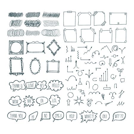 Set of hand drawn arrows, speech bubbles, frames and note papers. Doodle style. Sketch design elements. Vector illustrationのイラスト素材