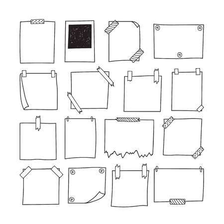 Set of hand drawn paper notes. Notepapers and photo frame. Sketch papers for your messages. Vector illustrationのイラスト素材
