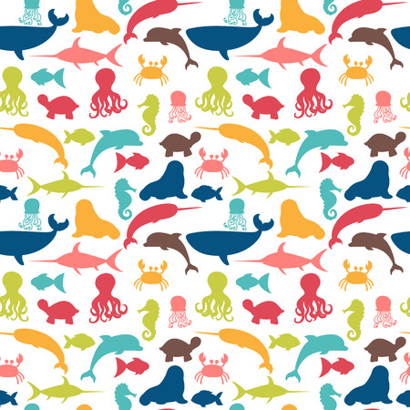 Underwater seamless pattern with fishes, octopus, crab, walrus, jellyfish, seahorse, dolphin, turtle and whale. Sea life. Vector illustrationのイラスト素材