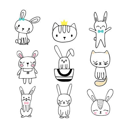 Collection of children doodles and sketches with funny animals. Set of cute hand drawn bunnies and cats. Vector illustrationのイラスト素材