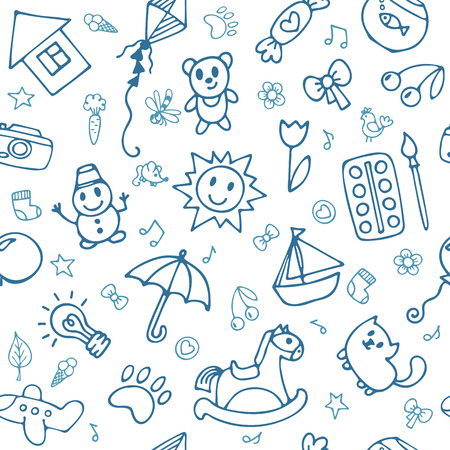 Doodle children drawing. Seamless pattern for cute little boys and girls. Hand drawn children drawings. Vector illustrationのイラスト素材