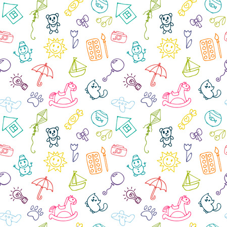 Doodle children drawing. Sketch set of drawings in child style. Seamless pattern for cute little girls and boys. Vector illustrationのイラスト素材