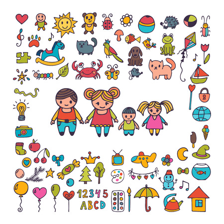 Family. Collection of hand drawn cute doodles. Sketch set of drawings in child style. Doodle children drawing. Vector illustrationのイラスト素材
