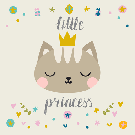 Little princess. Cute little cat with crown. Fashion Childish postcard. Vector illustrationのイラスト素材