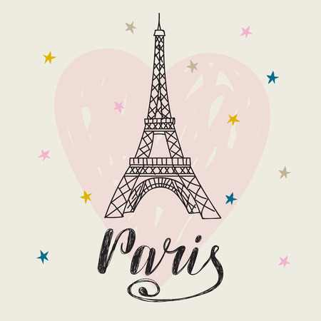 Paris. Hand drawn illustration with Eiffel tower. Romantic card with heart. Vector illustrationのイラスト素材