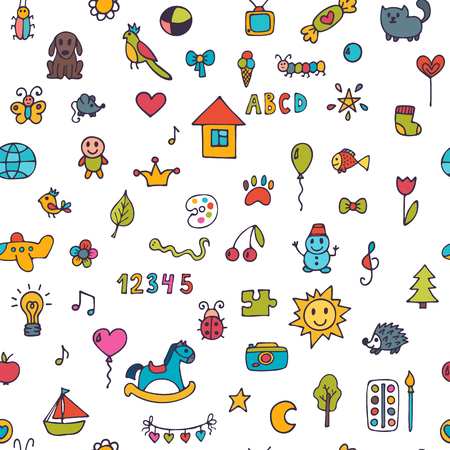 Seamless pattern for cute little girls and boys. Sketch set of drawings in child style. Doodle children. Vector illustrationのイラスト素材