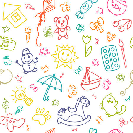 Seamless pattern for cute little girls and boys. Doodle children drawing. Sketch set of drawings in child style. Vector illustrationのイラスト素材