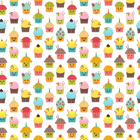 Seamless pattern with cupcakes and muffins. Kawaii cupcakes. Cute cartoon characters, emoji. Birthday . Vector illustrationのイラスト素材