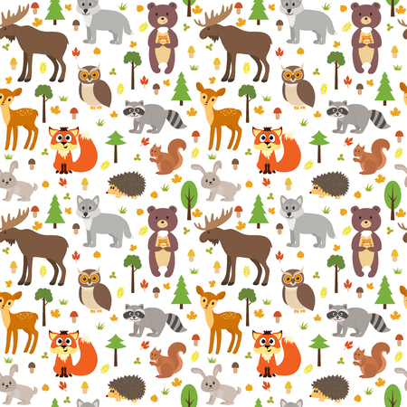 Seamless pattern with cute forest animals, mushrooms, leaves and trees. Autumn. Vector illustrationのイラスト素材