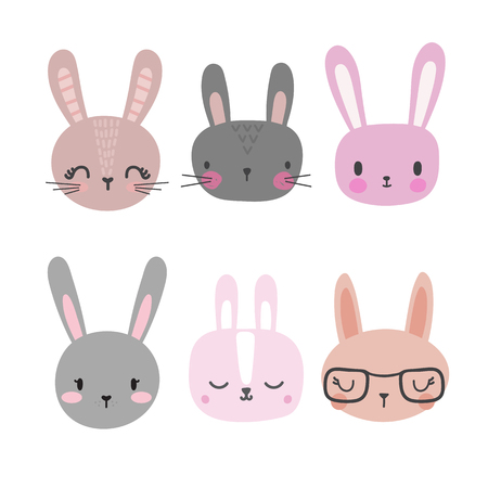 Set of cute rabbits. Funny doodle animals. Little bunny in cartoon style. Vector illustrationのイラスト素材