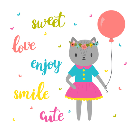 Sweet card for little princess. Funny postcard for girl. Cute kitty. Vector illustrationのイラスト素材