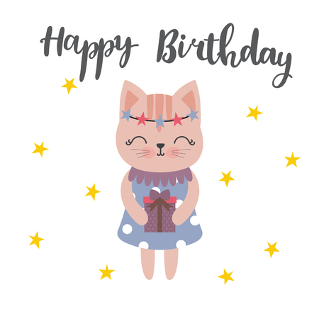 Cute postcard Happy Birthday with lovely kitty and gift. Sweet background with stars. Vector illustrationのイラスト素材