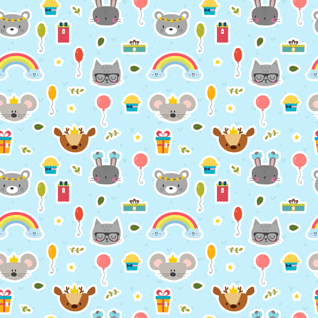 Cute seamless pattern with cartoon animals. Happy Birthday theme. Sweet background for children. Vector illustrationのイラスト素材