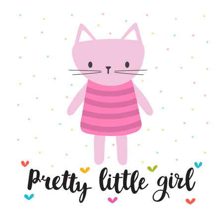 Pretty little girl. Cute little kitty. Romantic card, greeting card or postcard. Illustration with beautiful cat. Vector illustrationのイラスト素材