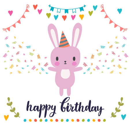 Happy Birthday greeting card. Cute postcard with funny little bunny. Vector illustrationのイラスト素材
