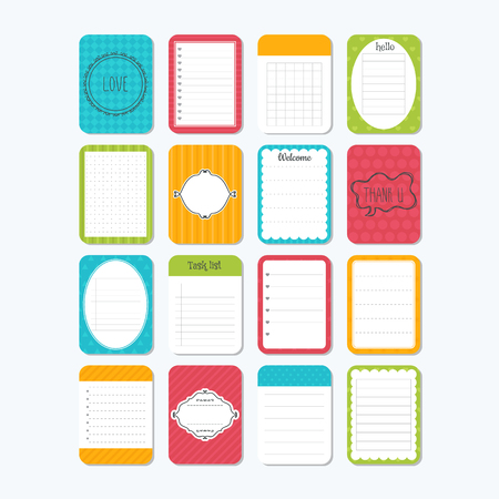 Sheets of paper. Collection of various note papers. Template notepad. Cute design elements. Vector illustrationのイラスト素材