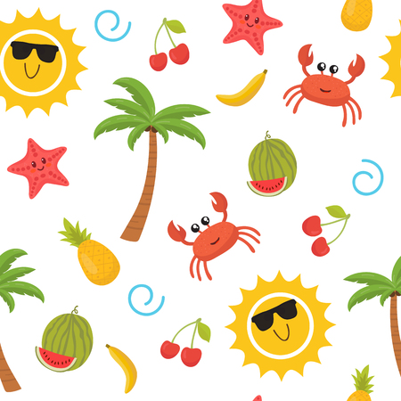 Colorful summer seamless pattern with sun, crab, starfish, palm, pineapple, banana and watermelon. Cute background. Vector illustrationのイラスト素材