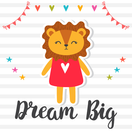 Dream big. Inspirational quote. Hand drawn lettering. Motivational poster. Cute lion. Vector illustrationのイラスト素材