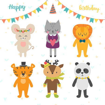 Happy Birthday card with cute cartoon animals. Vector illustrationのイラスト素材