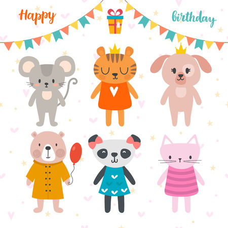 Happy birthday design with cute cartoon animals. Funny postcard. Vector illustrationのイラスト素材