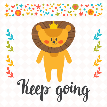 Keep going. Inspirational quote. Hand drawn lettering. Motivational poster. Cute little lion. Vector illustrationのイラスト素材