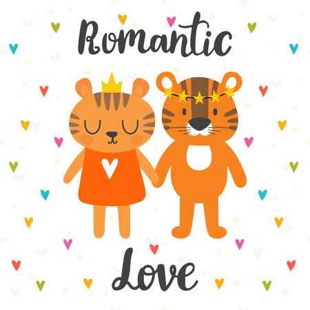 Romantic greeting card with two cute tigers. Hand drawn lettering. Postcard with cute cartoon animals. Valentine's day. Vector illustrationのイラスト素材