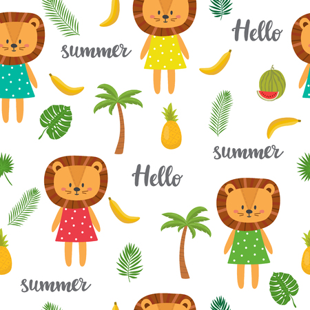 Seamless pattern with cute cartoon little lion. Children background. Cartoon baby animals. Design for textile, fabric or decor. Vector illustrationのイラスト素材