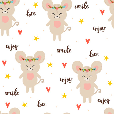 Seamless pattern with cute cartoon little mouse. Children background. Cartoon baby animals. Design for textile, fabric or decor. Vector illustrationのイラスト素材
