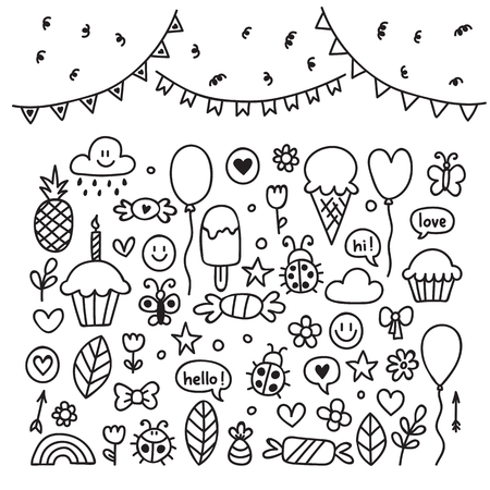 Hand drawn design elements. Party set of celebration objects. Doodle children drawings. Vector illustrationのイラスト素材