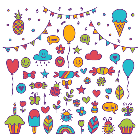 Hand drawn party set of celebration objects. Doodle children drawings. Vector illustrationのイラスト素材