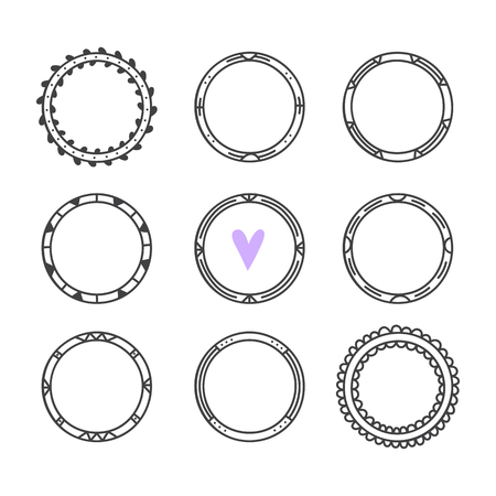 Romantic collection with hand drawn round frames. Cute circle wreaths. Vintage design elements. Vector illustrationのイラスト素材