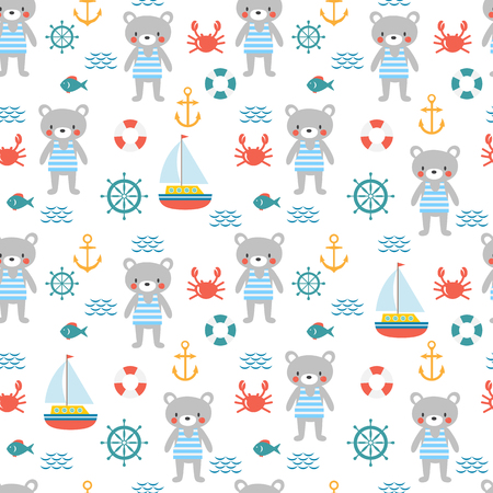 Seamless pattern with cute little bear sailor. Marine children background with fish, sailboat, crab and anchor. Sea, ocean design. Vector illustrationのイラスト素材