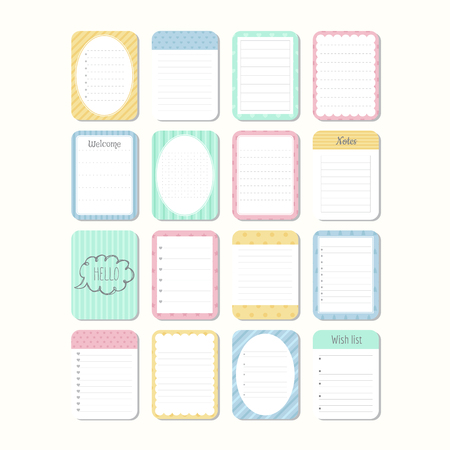 Sheets of paper. Template notepad. Collection of various note papers. Cute design elements. Vector illustrationのイラスト素材