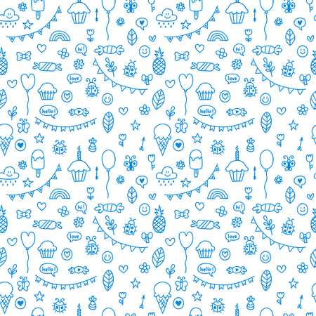 Background for cute little boys and girls. Doodle children drawing background. Sketch. Hand drawn children drawings color seamless pattern. Vector illustrationのイラスト素材