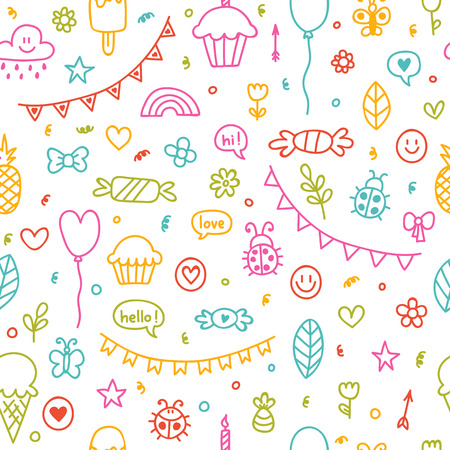 Background for cute little boys and girls. Hand drawn children drawings color seamless pattern. Doodle children drawings. Sketch. Vector illustrationのイラスト素材