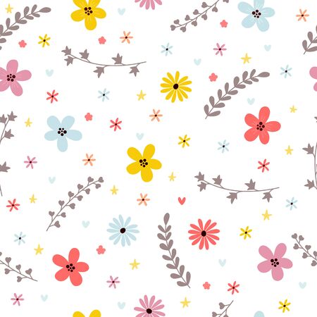 Floral summer seamless pattern with leaves, branches and flowers. Spring floral background. Vector illustrationのイラスト素材