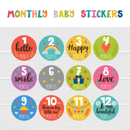 Monthly baby stickers for little girls and boys. Month by month growth stickers for clothing. Great baby shower gift. Loveのイラスト素材