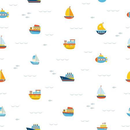 Seamless pattern with nautical design elements. Marine concept background. Cute children background with ships. Vector illustrationのイラスト素材