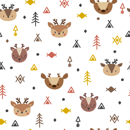 Tribal seamless pattern with cartoon deers. Abstract geometric art print. Hand drawn ethnic background with cute animals. Vector illustrationのイラスト素材