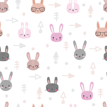 Tribal seamless pattern with cartoon rabbits. Abstract geometric art print. Hand drawn ethnic background with cute animals. Vector illustrationのイラスト素材