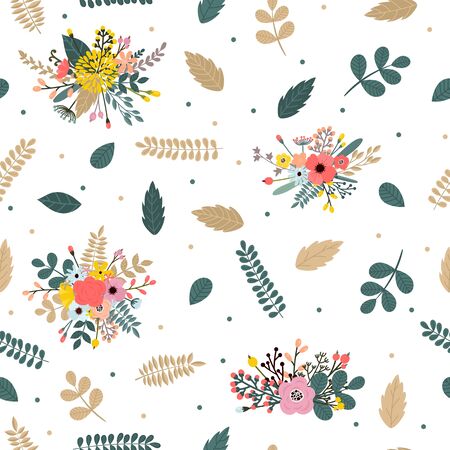 Floral seamless pattern with leaves, branches and flowers. Cute spring floral background. Vector illustrationのイラスト素材