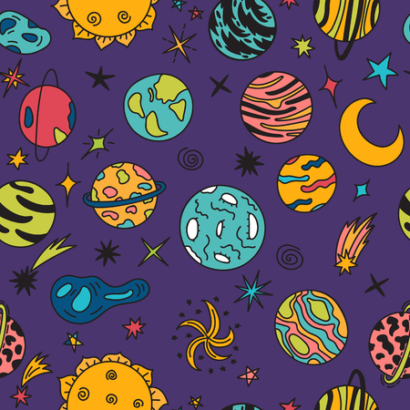 Cartoon galaxy with comets, asteroids, stars and planets. Doodle space seamless pattern. Cute hand drawn childish background. Cosmic objects set. Vector illustrationのイラスト素材