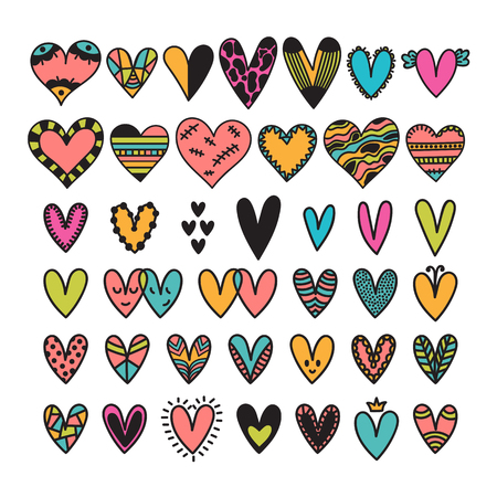 Hand drawn set of colored hearts. Sketch collection for wedding or Valentine's Day design. Cute doodle elements. Vector illustrationのイラスト素材
