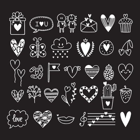 Hand drawn set of cute romantic doodle elements. Love concept. Sketch collection for wedding or Valentine's Day design. Vector illustrationのイラスト素材