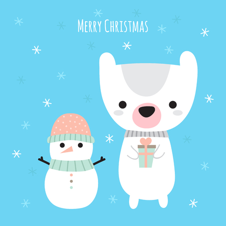 Merry Christmas. Cute Christmas greeting card. Cartoon snowman and funny bear. Winter holidays. Vector illustration.のイラスト素材