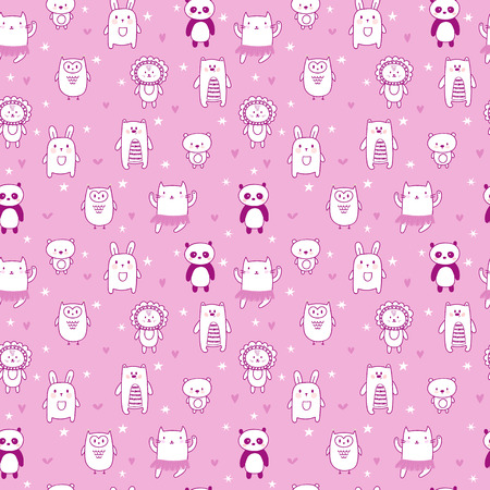 Background for cute little girls. Hand drawn seamless pattern for children with funny animals.のイラスト素材