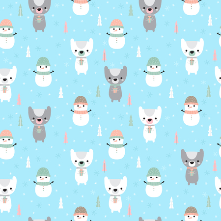 Christmas seamless pattern with cartoon bear and snowman. Holidays background for baby clothes.のイラスト素材