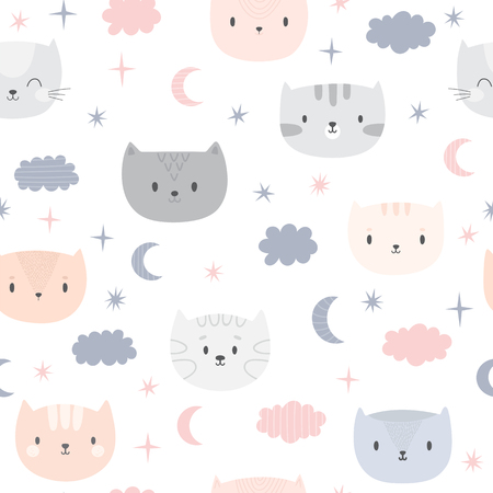 Cute seamless pattern for kids with cartoon little cats. Children background. Lovely animals. Vector illustrationのイラスト素材