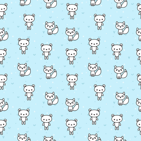 Cute seamless pattern with bears and foxes for kids. Lovely hand drawn animals on blue background. Vector illustrationのイラスト素材