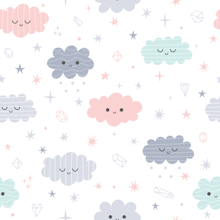 Cute seamless pattern with cartoon clouds for kids. Nursery background. Smiling characters. Vector illustrationのイラスト素材